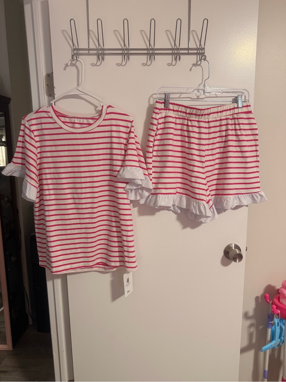Amazon Pink & White Stripe Ruffle Short Sleeve Top and Shorts with Pockets Set